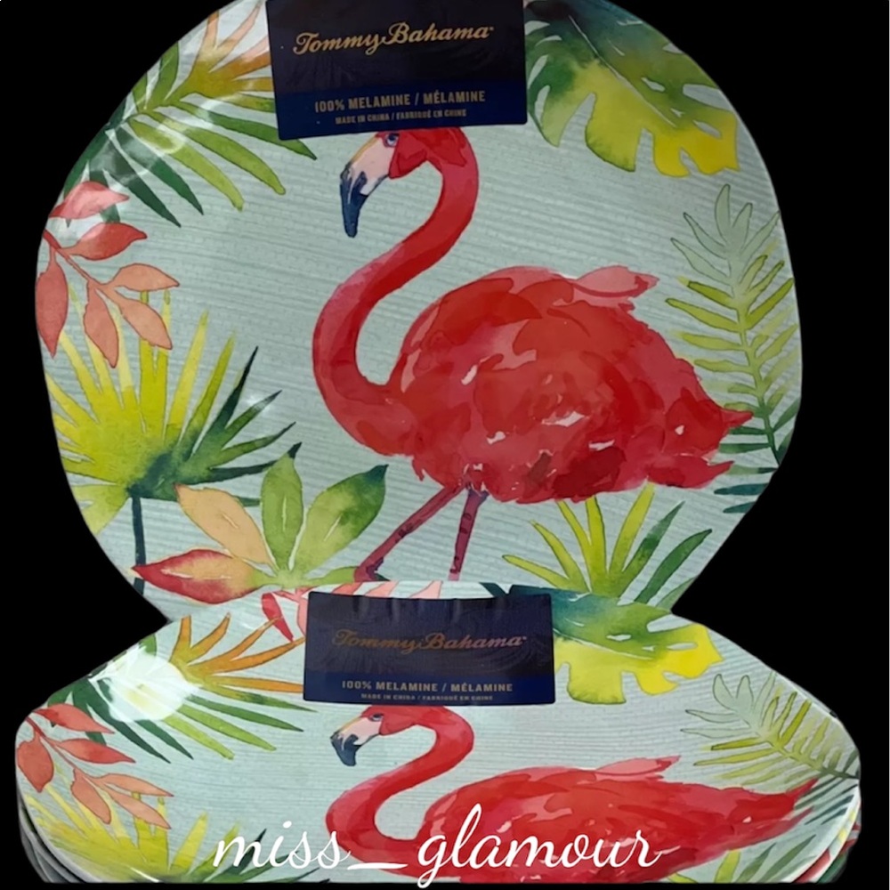 Set of 6 Tommy Bahama Tropical  Flamingo Palm Leaf Melamine Salad Plates New